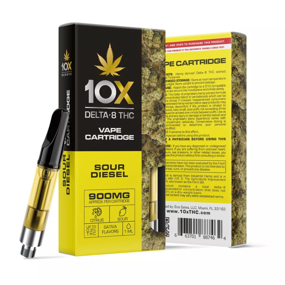 10X Delta 8 Vape Cart – 900mg – Sour Diesel